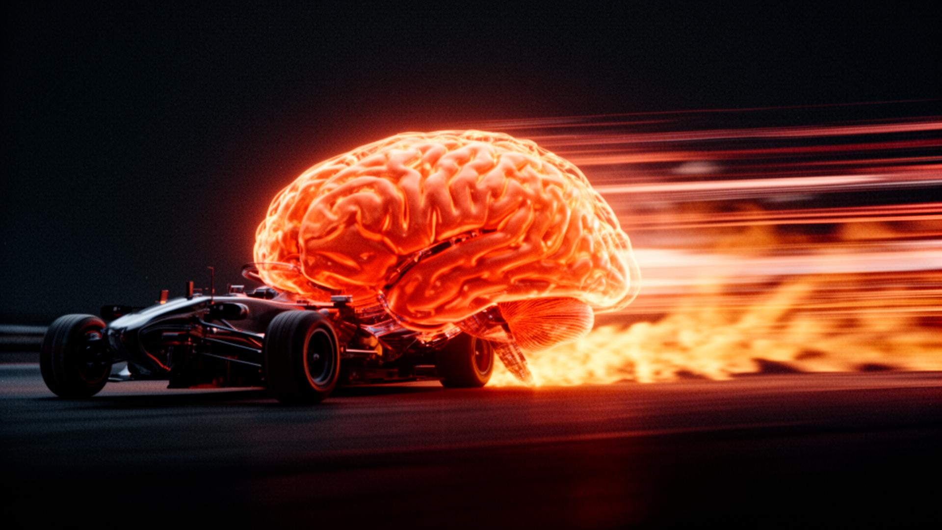 A glowing AI brain racing forward at full throttle